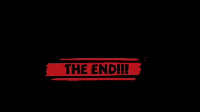 The end text with red brush stroke background appearing on a black background with design behind letters background stylized video text presentation typography conclusion minimalist production