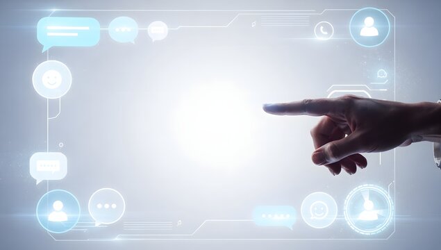 AI生成された、デジタル画面上でチャットや通知アイコンを操作する未来感のある手元