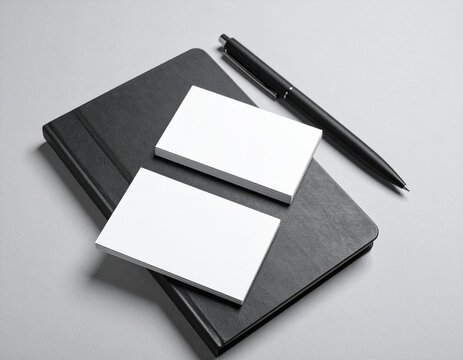 Monochrome Business Card Mockup with Black Pen and Minimalist Notebook