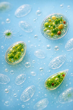 Floating green algae drifts in clear blue water