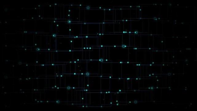 Abstract digital background with glowing blue light dots and lines forming a network grid pattern on a dark surface representing technology and data connection concepts 4k Motion Video