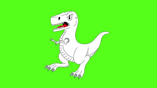 Three identical cartoon dinosaurs roaring on a solid bright green background in a horizontal row with dinosaur characters standing roaring against vibrant background simple hand hand drawn artistic