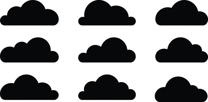 Nine black cloud icons arranged in a 3x3 grid on a white background with clean design