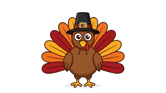 Cute cartoon turkey wearing a pilgrim hat for a festive and fun thanksgiving holiday celebration vector illustration