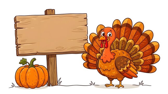 A festive watercolor illustration of a thanksgiving turkey standing next to a blank wooden sign and pumpkin