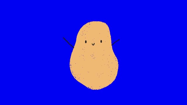 Three cute hand drawn potatoes with smiley faces floating against a vibrant blue background wall with cartoon style potatoes potatoes simple black against solid bright arms happy faces minimalist