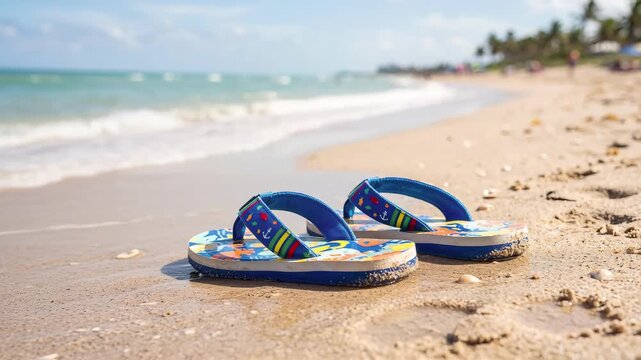 Small ocean wave washing up to children's flip-flops on a sandy beach. Blue sandals on the shore with a tropical coastline in the background. Summer vacation concept