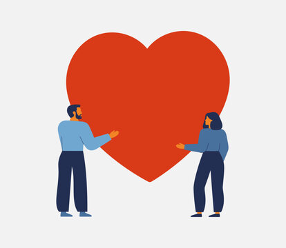 People hold big red heart. Gratitude and charity concept with man and woman. support in business and life to success together. family and love. Vector illustration