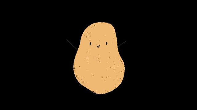 Three cute hand drawn cartoon potatoes waving their arms against a solid black background design with background repeating animation potatoes happy faces video three simple illustration minimalist