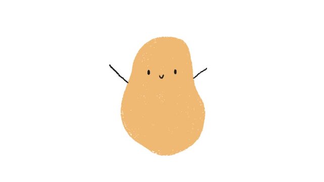 Three cute hand drawn potatoes with smiling faces and thin arms on white background with cartoon potato characters arms arranged horizontal horizontal row against background simple flat expression