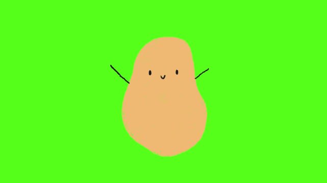 Three cute hand drawn potatoes with smiling faces standing on a bright green background with background playful artistic animated potato characters faces positioned against characters stick arms