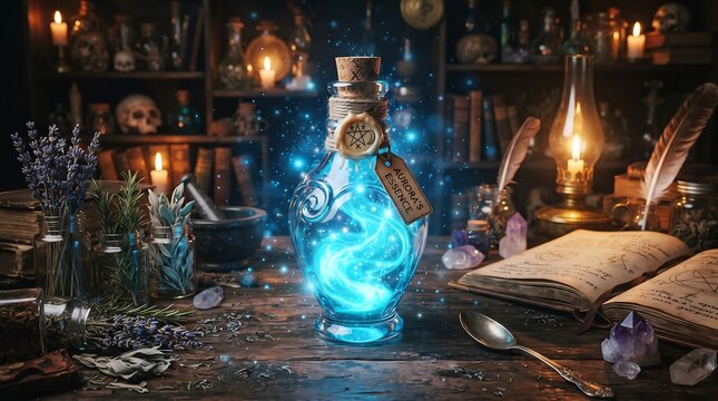 Glowing blue magic potion bottle sitting on a rustic wooden table in a dark alchemy laboratory