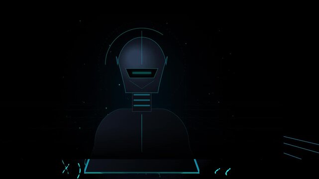 Futuristic robot head silhouette with glowing digital lines and neon blue light interface on a dark background representing artificial intelligence and modern technology 4k Motion Video
