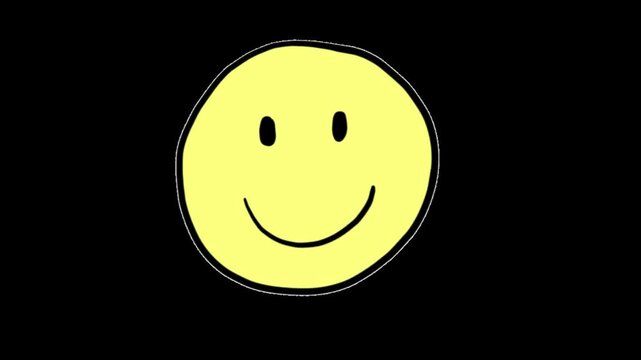Three yellow smiley faces arranged in a row against a solid black background design element with faces aligned horizontally video displays three hand drawn yellow illustration expression emoticon