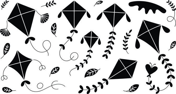 Whimsical black kites with flowing tails and leaves against a white background for playful concepts