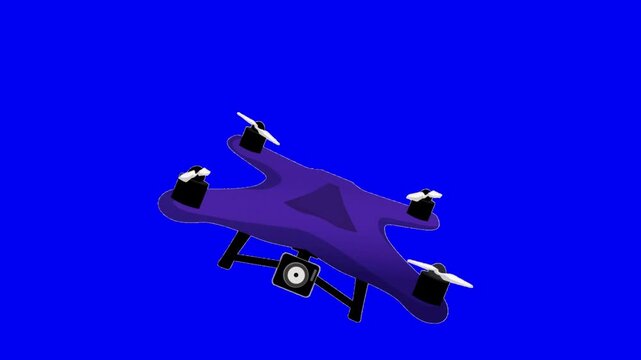 Three purple quadcopter drones flying in formation against a solid vibrant blue background screen with capturing steady movement across wide panoramic frame drones white propellers illustration key