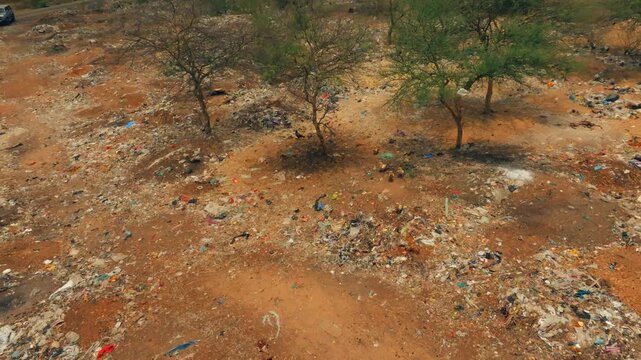 Drone view of an Egyptian vulture and other scavenging birds foraging among plastic litter and dumped waste in the Thar Desert, Sindh, Pakistan.
