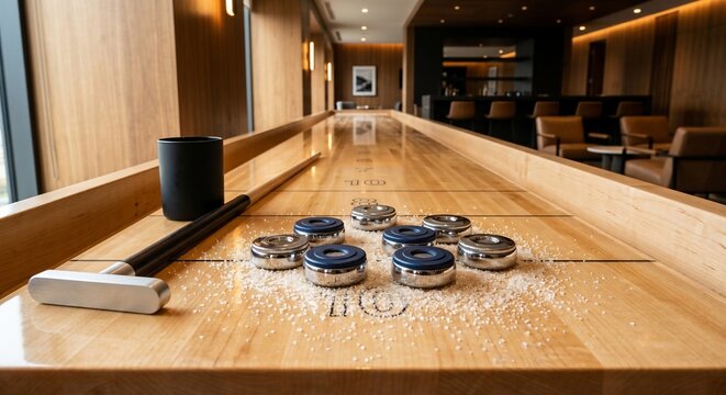 Wooden shuffleboard table with metal pucks and a scoring cue in a modern lounge