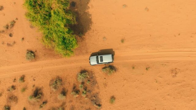 Top-down drone shot of a lone 4x4 following sandy tire ruts across orange terrain in the Thar Desert, Sindh, Pakistan, with sparse scrub and strong vehicle shadows.