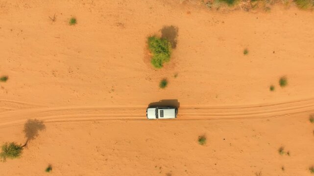 Top-down drone view of a lone 4x4 driving along parallel tire tracks across orange sand in the Thar Desert, Sindh, Pakistan, surrounded by sparse scrub.