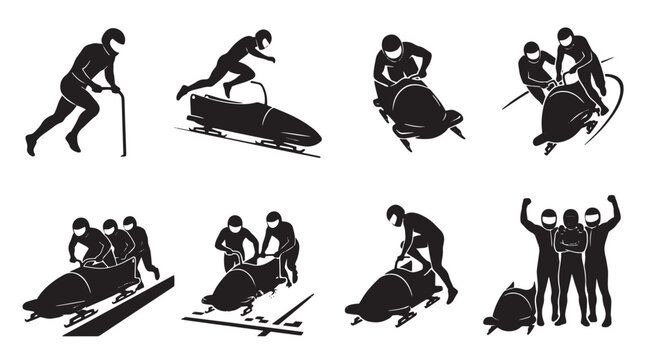 Bobsleigh athlete silhouette set, winter sports competition icons, professional bobsled racing team vector collection isolated on Transparent Background