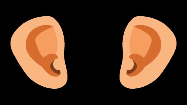 A series of human ear illustrations shown in various rotational angles against a black background with each rotated different angle demonstrate perspective shifts minimalist flat design aesthetic set