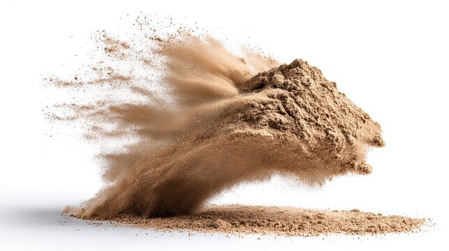 3D render of volcanic eruption, brown ash cloud bursting from mountain range, isolated on white, natural geological disaster graphic asset