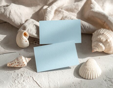 Blank Light Blue Paper Cards for Branding Presentation with Sea Shell Accents