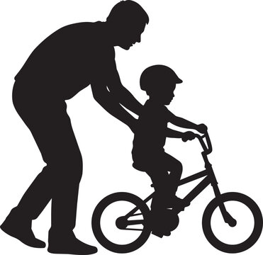 Father teaching child to ride a bike silhouette vector illustration