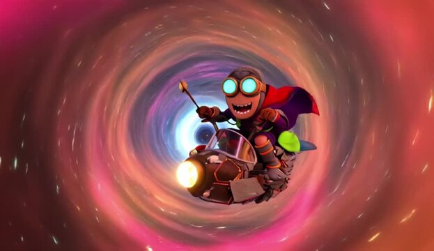 Cartoon character riding futuristic vehicle through wormhole, 4K video

