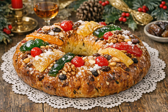 Cozy Christmas bread ring with festive fruits and nuts