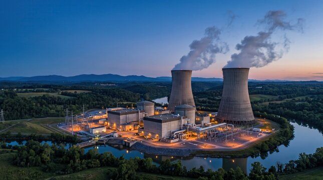 Nuclear power plant with cooling towers releasing steam situated by a river amid rolling hills during twilight, industrial electricity generation background.