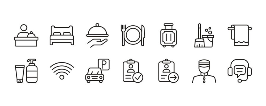 Hospitality Outline Icons for Hotel and Guest Services.