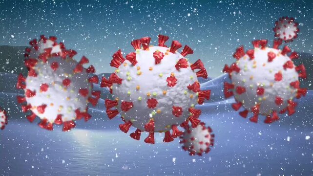 Winter snow falling with coronavirus covid cells on blue background video animation
