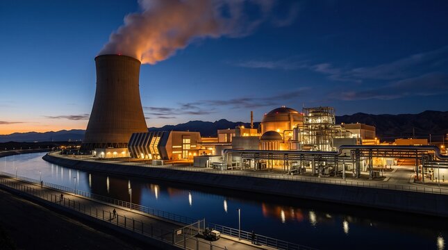 Nuclear power plant cooling tower with steam and illuminated facility complex situated beside a dark canal at dusk, industrial energy production background.