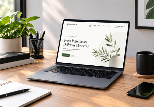 Modern Laptop Mockup on Wooden Desk with Website Screen