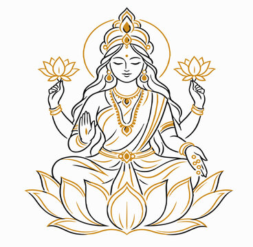 Line art illustration of goddess lakshmi sitting on a lotus with hindu goddess indian mythology of wealth religious art vector illustration mythological figure indian tradition