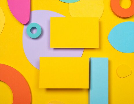 Yellow business card mockup with colorful abstract paper shapes design
