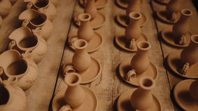 Handcrafted raw clay pottery vessels, including vases and cups, drying on a rustic wooden surface in a workshop