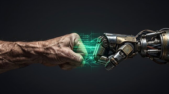 A human fist bumps a robotic fist, symbolizing the integration of technology and humanity. A green luminous energy field connects the two fists