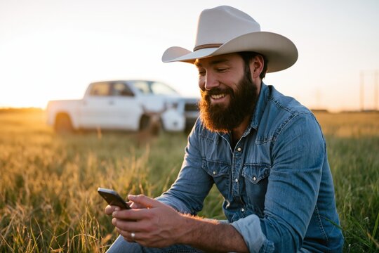 The Cowboy at Sunset Using Smartphone in Open Field with Pickup