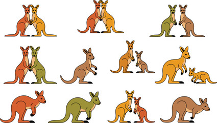 Fototapeta premium Kangaroo Family and Wildlife Vector Illustration Collection with Australian Animals Mother Baby Pairs and Cute Cartoon Characters for Nature Design