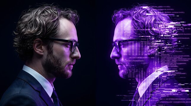 Man in glasses looking at his digital reflection, symbolizing technology and artificial intelligence