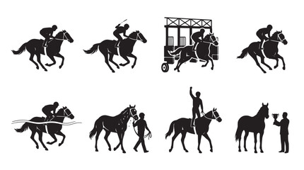 Fototapeta premium Horse racing silhouettes set, professional jockey and stallion icons, equestrian sports competition vector graphics isolated on Transparent Background
