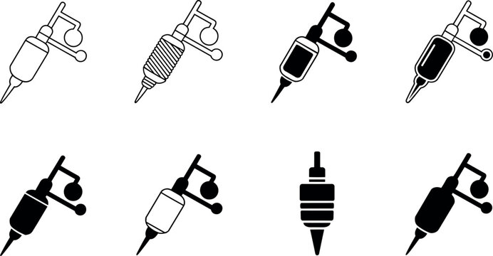 Tattoo machine vector icon set featuring rotary and coil gun equipment for studio branding