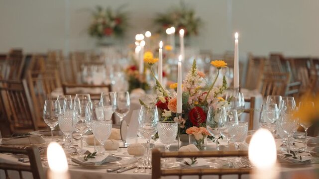 Elegant table setting for a wedding or gala event, featuring white tablecloths, crystal glasses, floral arrangements, and lit candles