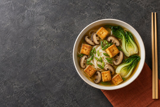 Plant based tofu noodle soup with mushrooms and bok choy with copy space