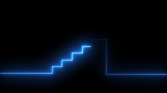 Glowing blue neon stairs outline forming a step up progress symbol on a dark black background