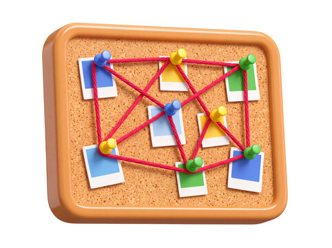 3d corkboard with colorful photos and red string investigation map