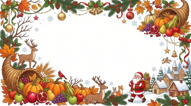 Cornucopia harvest border with christmas village scene and santa claus